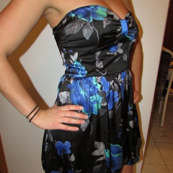 Women's Black and Blue Floral Strapless Dress - Picture 2 of 3